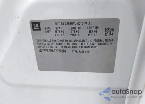 2014 Chevrolet Cruze 2Lt Auto z USA, uszkodzony, nr VIN 1G1PE5SB6E7370081